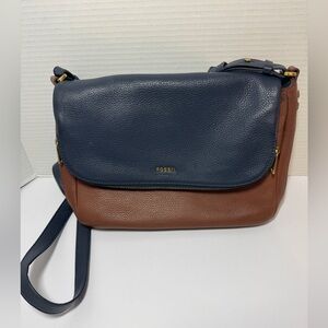 Fossil Two-Tone Navy and Brown Leather Crossbody Bag